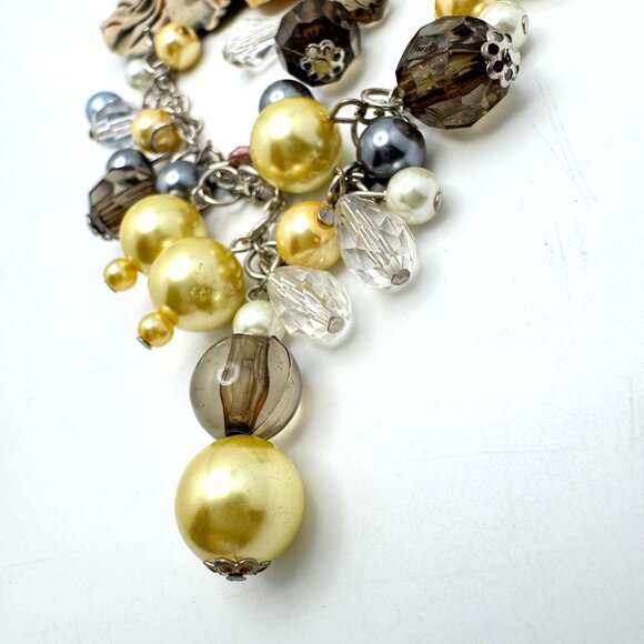 Handmade Fabric Yoyo Necklace Bead Crystal Multistrand Statement Yellow & Blue - Picture 4 of 11